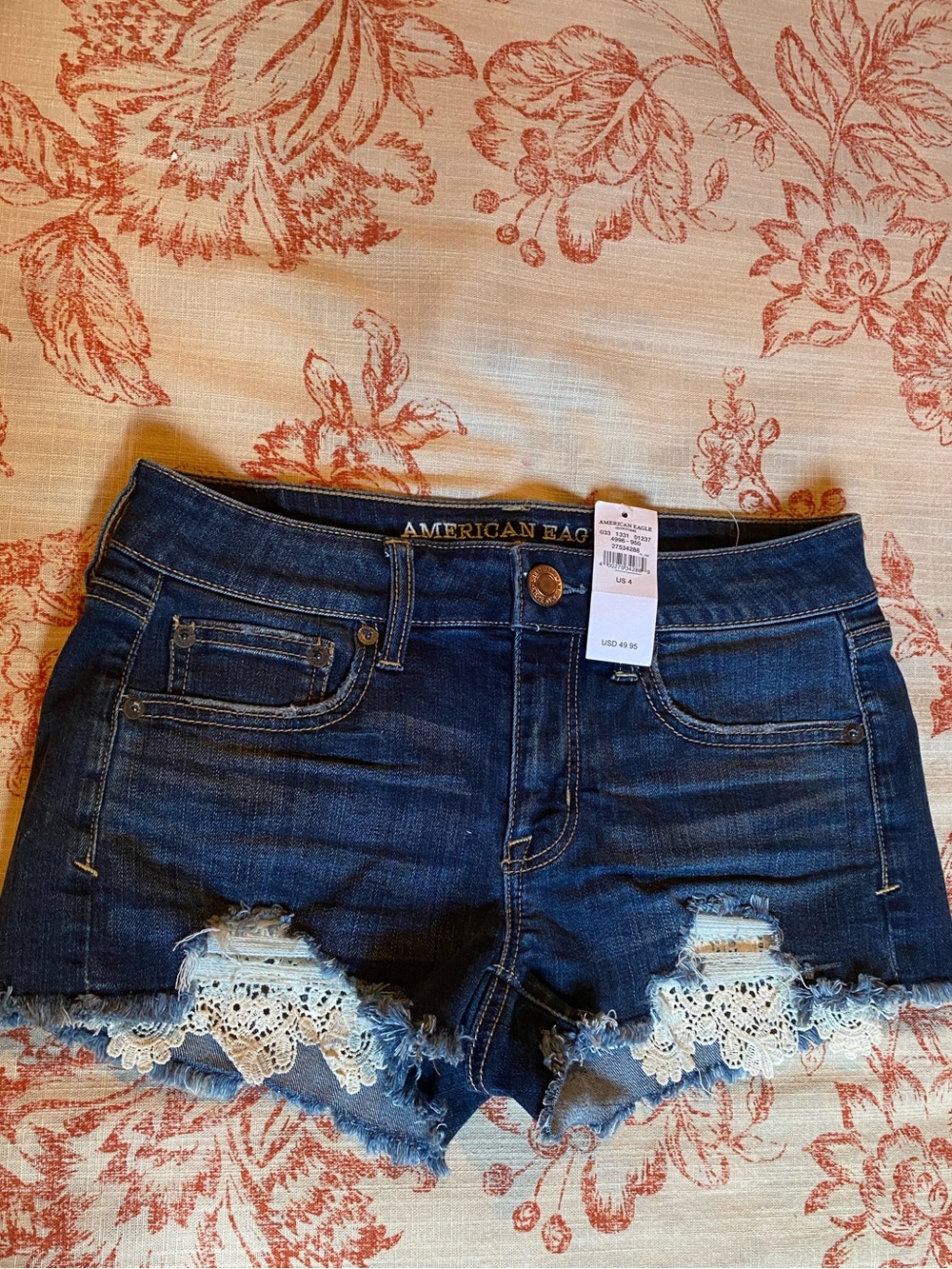 American Eagle Outfitters Dark Blue Denim Shorts with White Lace Trim